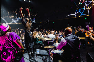This image is full of live energy. The perspective is on stage, behind the drums. JANE is jumping in the air, hands above their head. The lights in the house are up, and the audience is on their feet. Saeeda is dancing bathed in the color of Prince. The cellists seem to be in motion and Tyrone is about to crash his cymbals. Across the balconies there are spiderweb-like shapes of light.